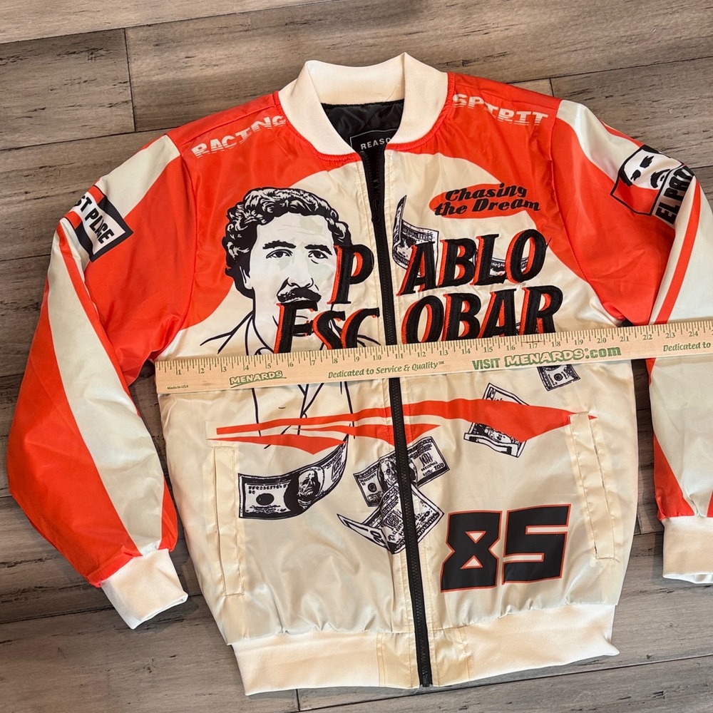 Reason Red and Cream 'Pablo Escobar' Racing Bomber Jacket - Picture 3 of 11